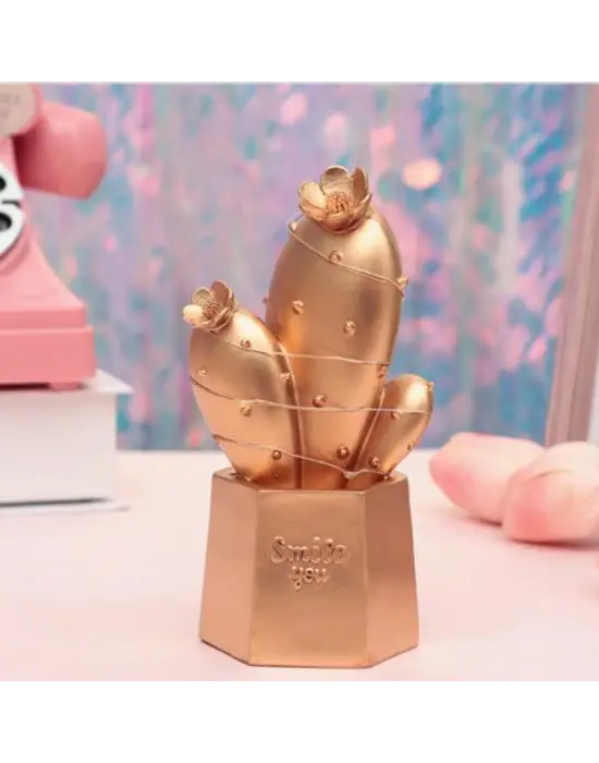Led Işıklı Sevimli Kaktüs Dekoratif Masa Lambası Mini Biblo Gece Lambası Gold