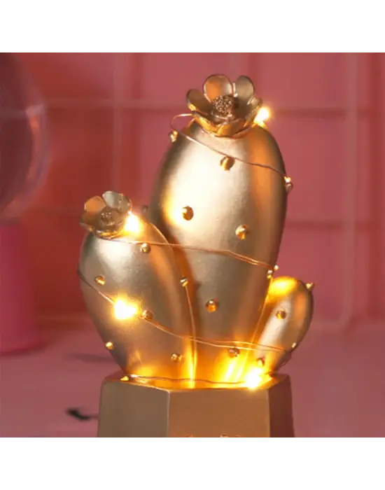 Led Işıklı Sevimli Kaktüs Dekoratif Masa Lambası Mini Biblo Gece Lambası Gold