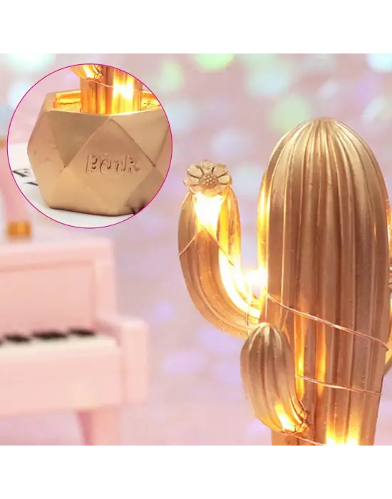 Led Işıklı Sevimli Kaktüs Dekoratif Masa Lambası Mini Biblo Gece Lambası-GOLD