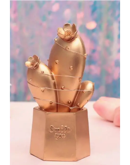 Led Işıklı Sevimli Kaktüs Dekoratif Masa Lambası Mini Biblo Gece Lambası Gold