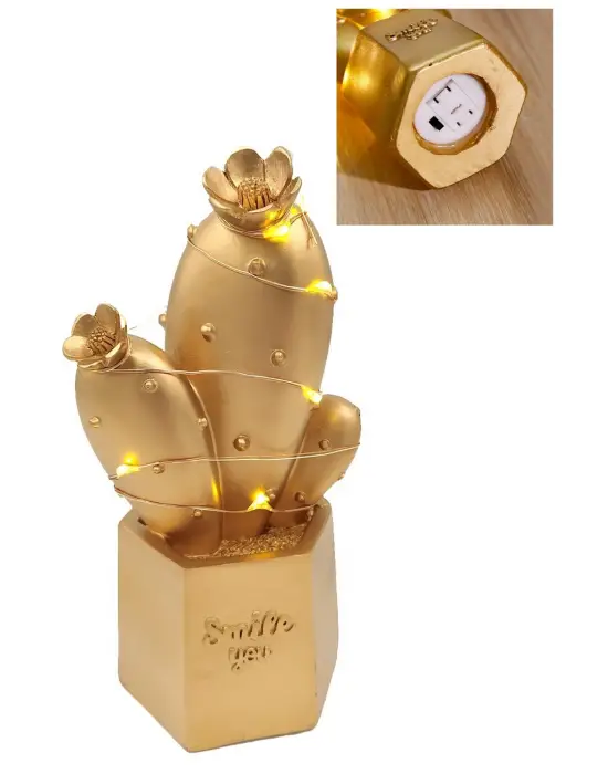 Led Işıklı Sevimli Kaktüs Dekoratif Masa Lambası Mini Biblo Gece Lambası Gold