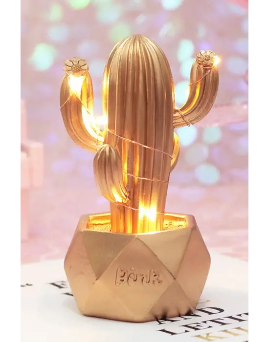 Led Işıklı Sevimli Kaktüs Dekoratif Masa Lambası Mini Biblo Gece Lambası-GOLD