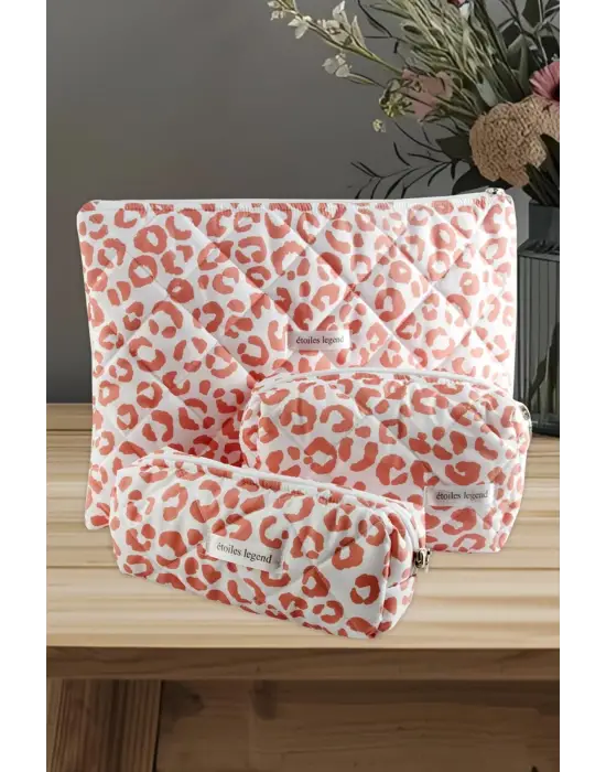 Leopar Desenli Kalem Makyaj Labtop Bilgisayar Set Çantası