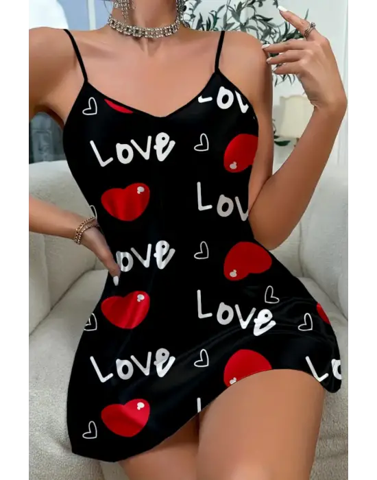 Love Desenli Siyah Saten Gecelik