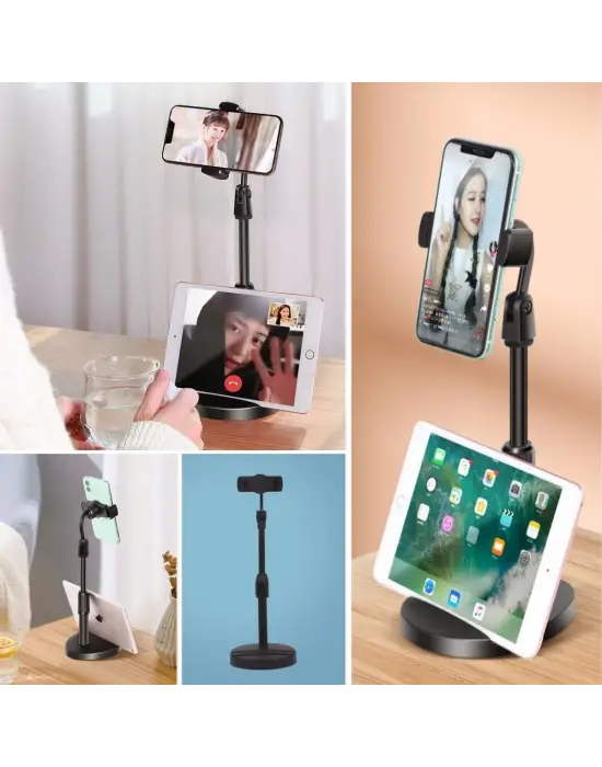 Masa Üstü Tablet ve Telefon Tutucu Plastik Aparat Siyah Telefon Standı