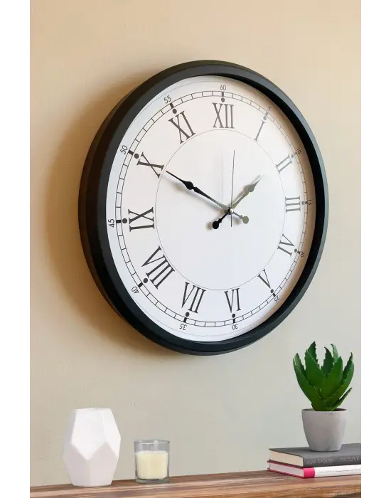 Modern 52 Cm Black & White Roma Rakamlı Metal Duvar Saati