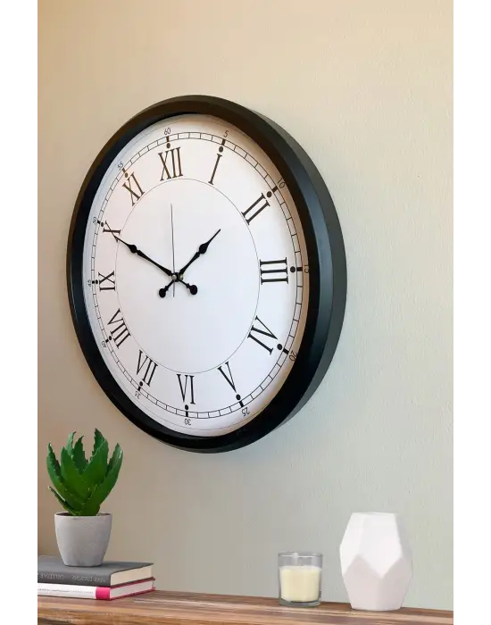Modern 52 Cm Black & White Roma Rakamlı Metal Duvar Saati