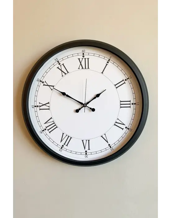 Modern 52 Cm Black & White Roma Rakamlı Metal Duvar Saati