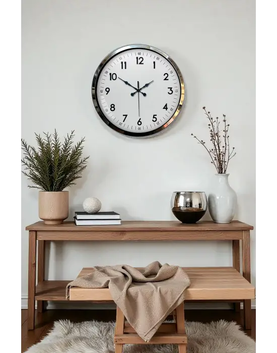 Modern Klasik 40 Cm Krom Metal Duvar Saati