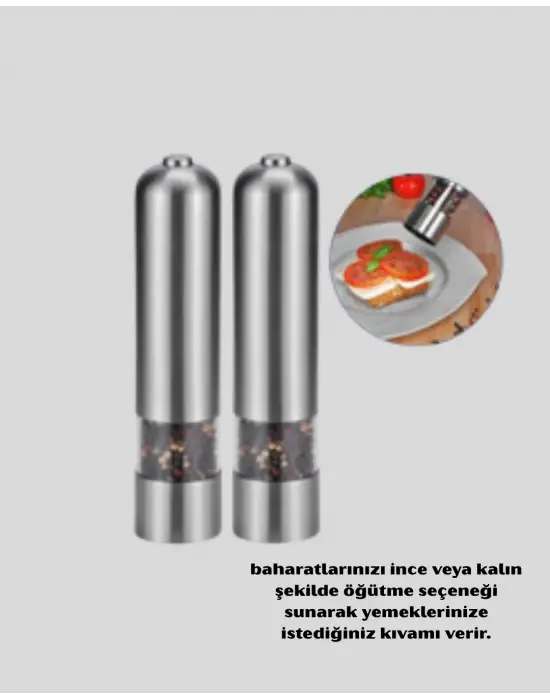 Modern Otomatik Baharat Öğütücü Seti – Pilli, Paslanmaz Çelik, Led Aydınlatmalı