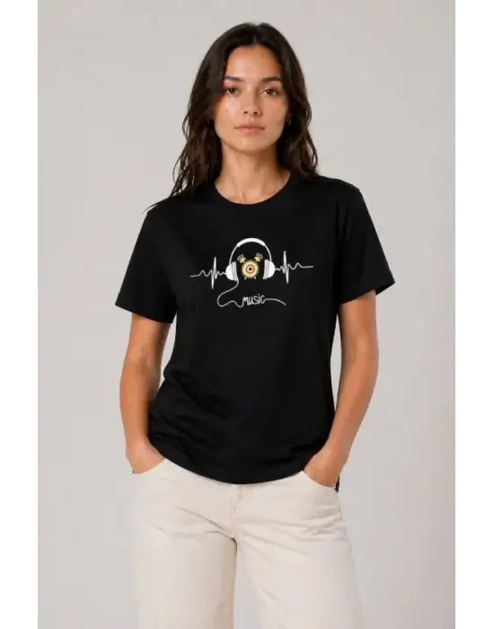 Müzik Temalı Baskılı Tişört Bisiklet Yaka Kısa Kol T-Shirt - Siyah