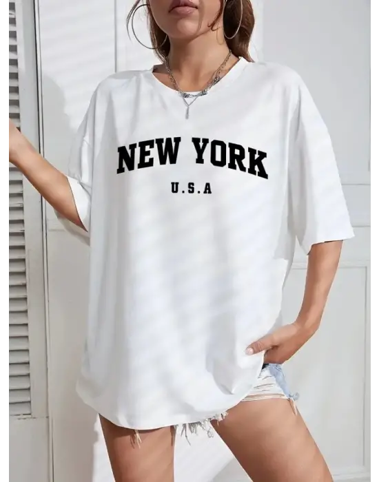 New York Baskılı Oversize Bisiklet Yaka T-shirt - Beyaz
