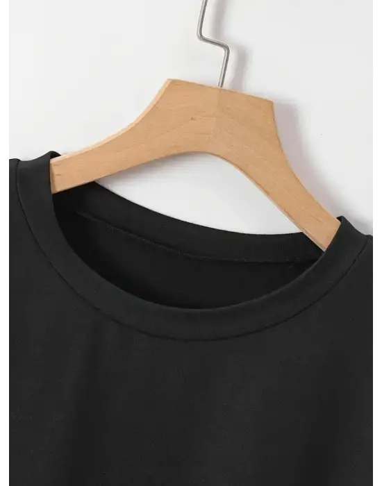 New York Baskılı Oversize Bisiklet Yaka T-shirt - Siyah