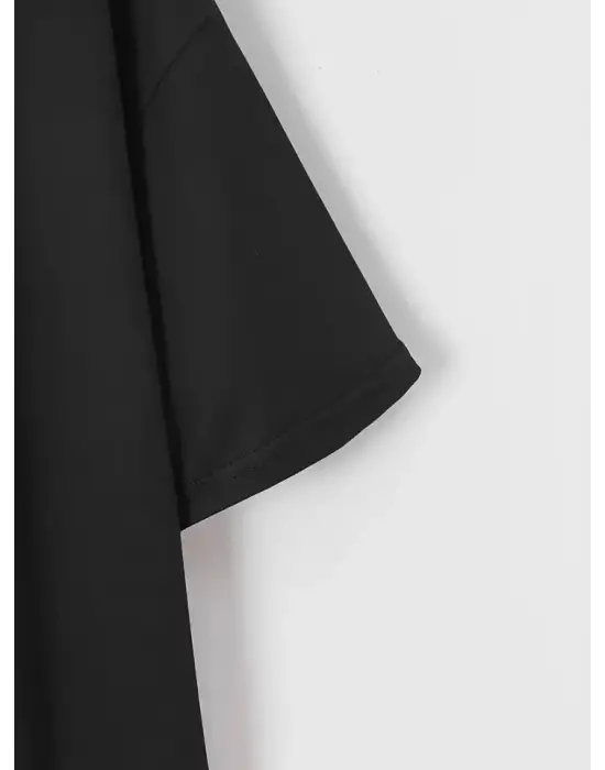 New York Baskılı Oversize Bisiklet Yaka T-shirt - Siyah