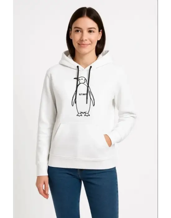 Nihilist Penguen Özel Tasarım Oversize Kapüşonlu Sweatshirt - Beyaz