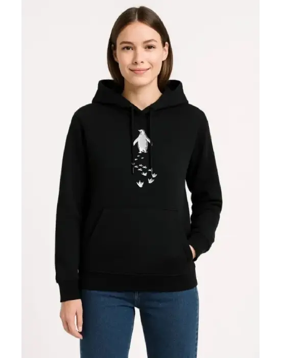 Nihilist Penguen Temalı Oversize Kapüşonlu Sweatshirt - Siyah
