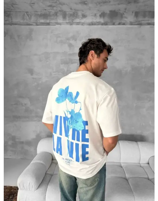 Ön Ve Arka Baskılı Oversize Bisiklet Yaka T-shirt- Beyaz