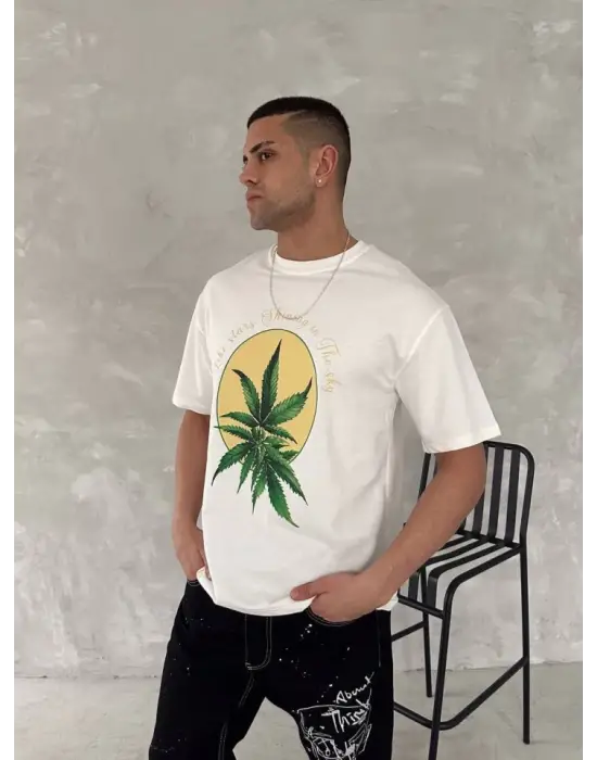 Ön Ve Arka Baskılı Oversize Bisiklet Yaka T-shirt- Beyaz