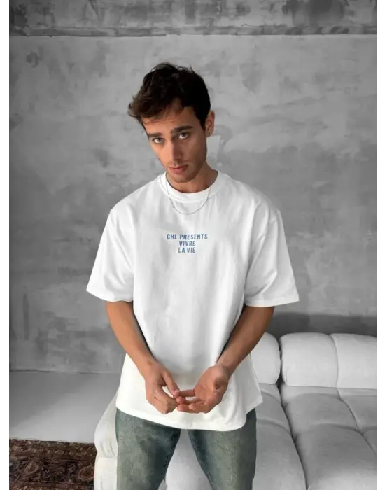 Ön Ve Arka Baskılı Oversize Bisiklet Yaka T-shirt- Beyaz