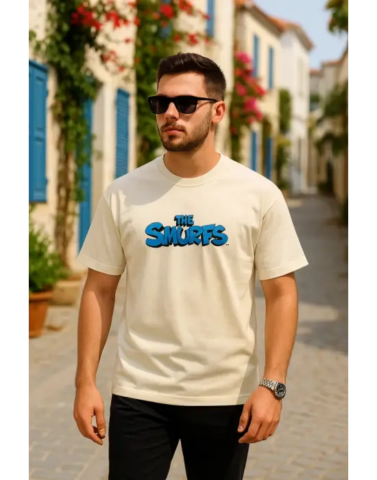 Ön Ve Arka Baskılı Oversize Bisiklet Yaka T-shirt- Beyaz