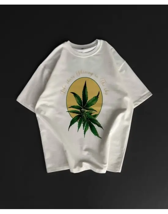 Ön Ve Arka Baskılı Oversize Bisiklet Yaka T-shirt- Beyaz