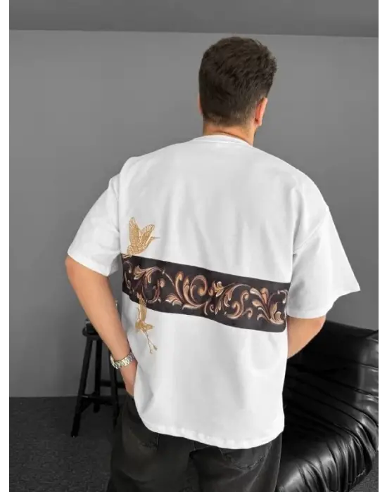Ön Ve Arka Baskılı Oversize Bisiklet Yaka T-shirt - Beyaz