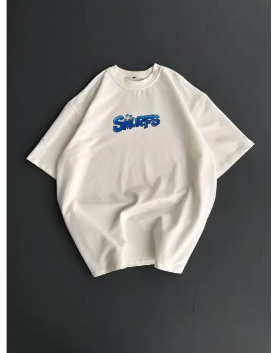 Ön Ve Arka Baskılı Oversize Bisiklet Yaka T-shirt- Beyaz