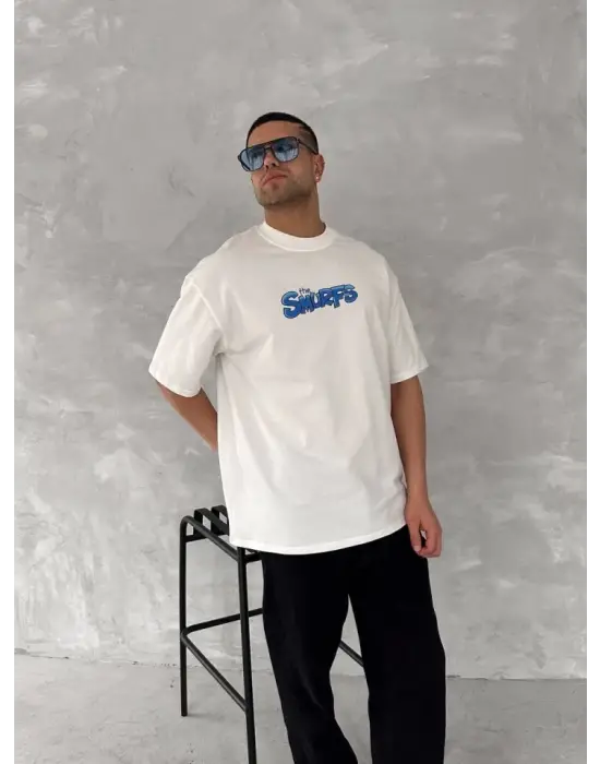 Ön Ve Arka Baskılı Oversize Bisiklet Yaka T-shirt- Beyaz