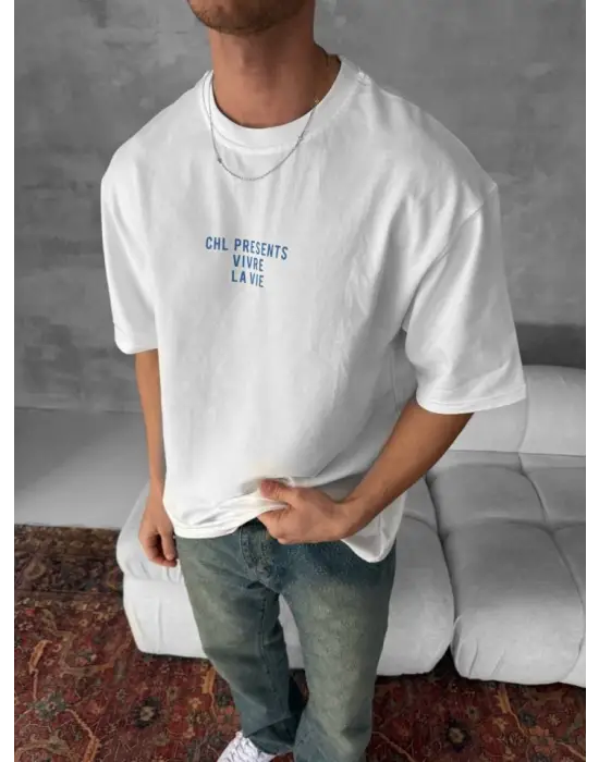 Ön Ve Arka Baskılı Oversize Bisiklet Yaka T-shirt- Beyaz