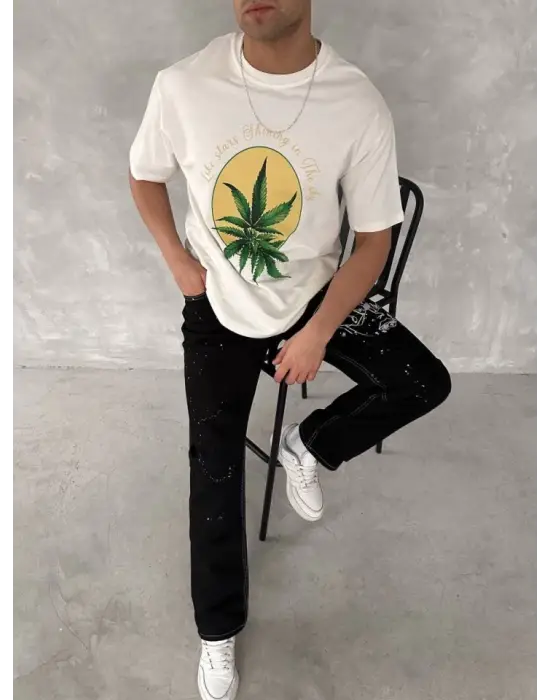 Ön Ve Arka Baskılı Oversize Bisiklet Yaka T-shirt- Beyaz