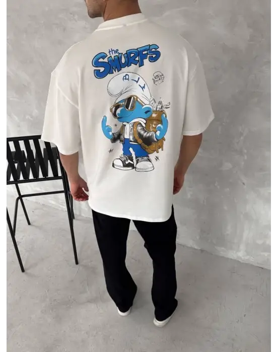 Ön Ve Arka Baskılı Oversize Bisiklet Yaka T-shirt- Beyaz