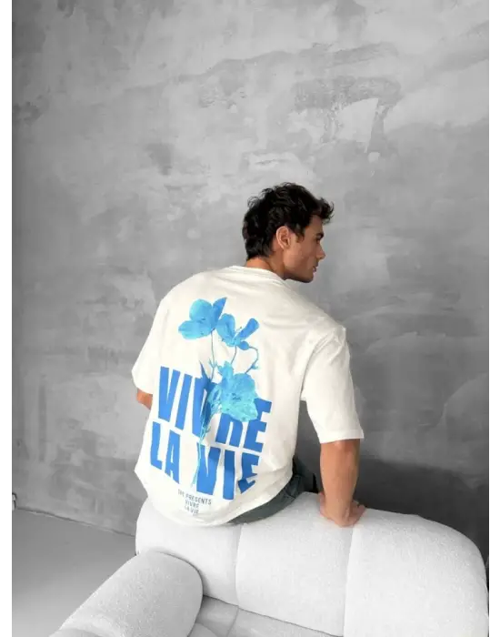 Ön Ve Arka Baskılı Oversize Bisiklet Yaka T-shirt- Beyaz