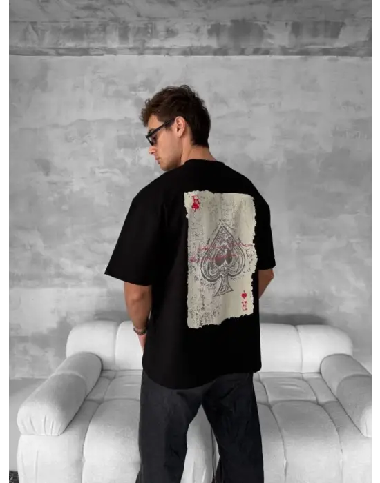 Ön Ve Arka Baskılı Oversize Bisiklet Yaka T-shirt - Siyah