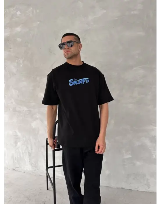 Ön Ve Arka Baskılı Oversize Bisiklet Yaka T-shirt- Siyah