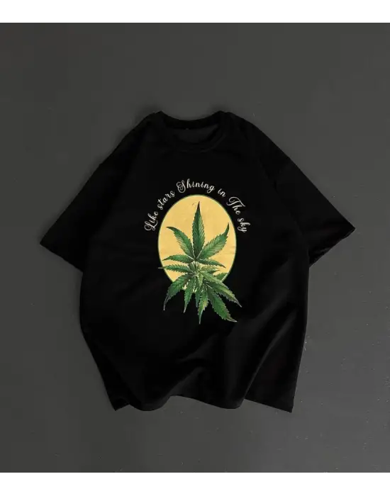 Ön Ve Arka Baskılı Oversize Bisiklet Yaka T-shirt- Siyah