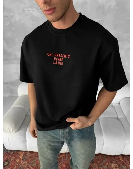 Ön Ve Arka Baskılı Oversize Bisiklet Yaka T-shirt- Siyah