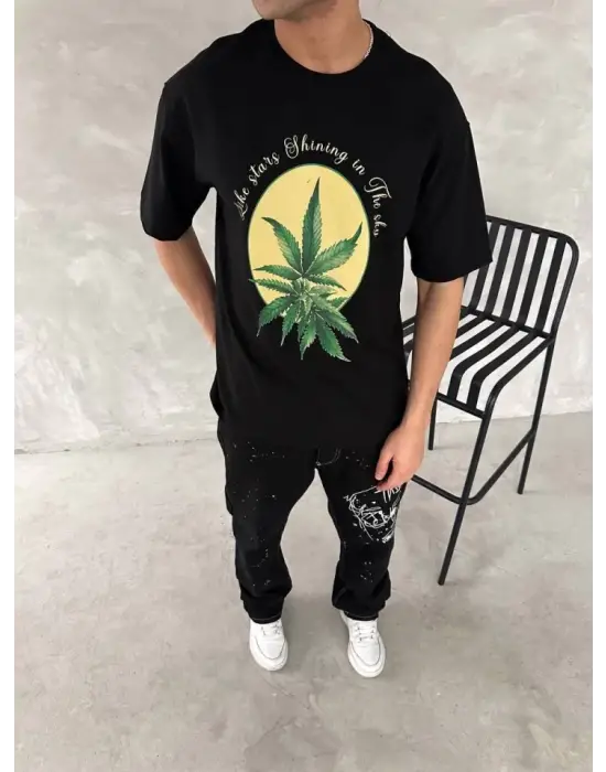 Ön Ve Arka Baskılı Oversize Bisiklet Yaka T-shirt- Siyah