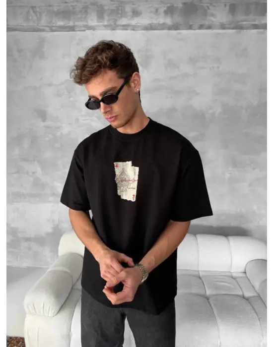 Ön Ve Arka Baskılı Oversize Bisiklet Yaka T-shirt - Siyah