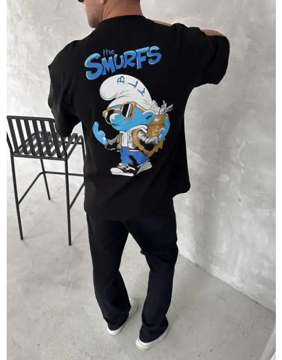 Ön Ve Arka Baskılı Oversize Bisiklet Yaka T-shirt- Siyah