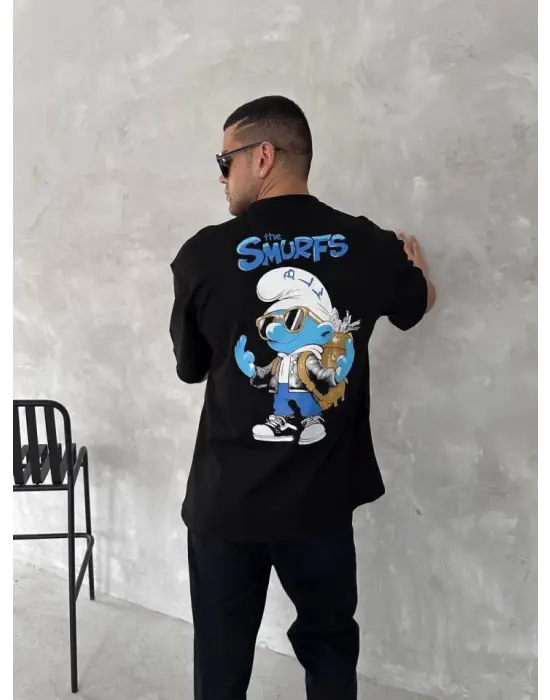 Ön Ve Arka Baskılı Oversize Bisiklet Yaka T-shirt- Siyah