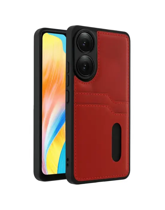 Oppo A38 Sara Kartvizitli Deri Kılıf - Kırmızı