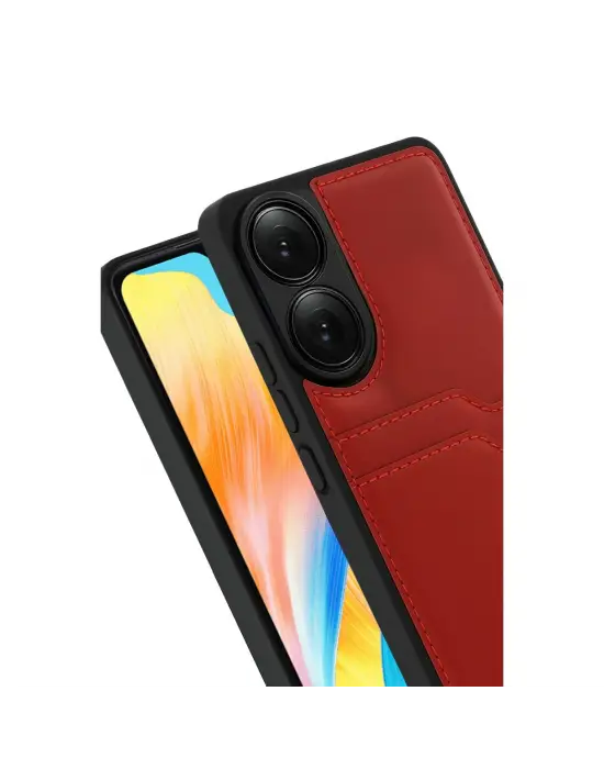 Oppo A38 Sara Kartvizitli Deri Kılıf - Kırmızı