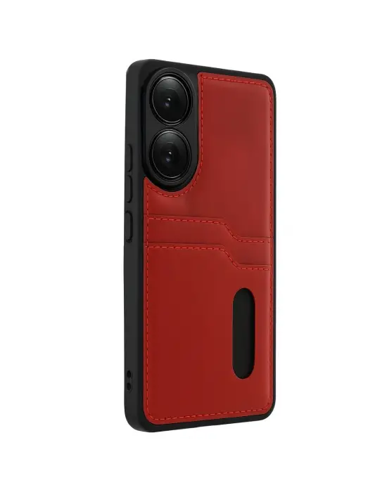 Oppo A38 Sara Kartvizitli Deri Kılıf - Kırmızı