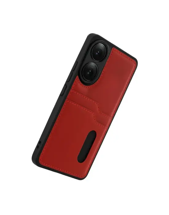Oppo A38 Sara Kartvizitli Deri Kılıf - Kırmızı