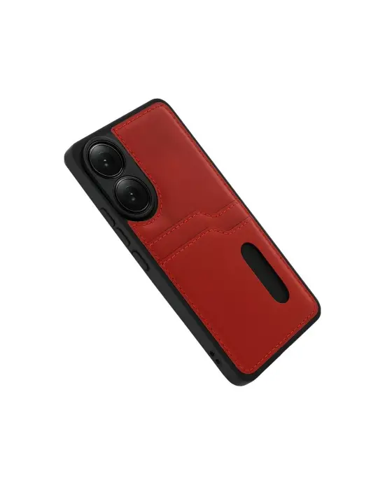 Oppo A38 Sara Kartvizitli Deri Kılıf - Kırmızı