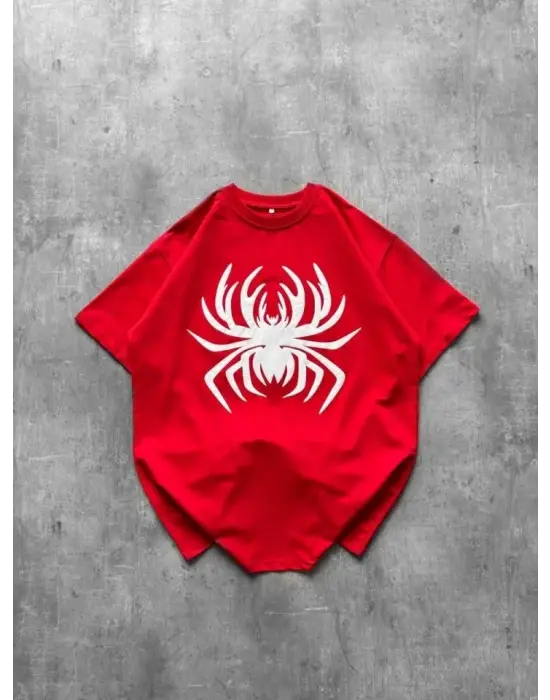 Örümcek Baskılı Tişört Kısa Kollu Bisiklet Yaka T-Shirt - Kırmızı