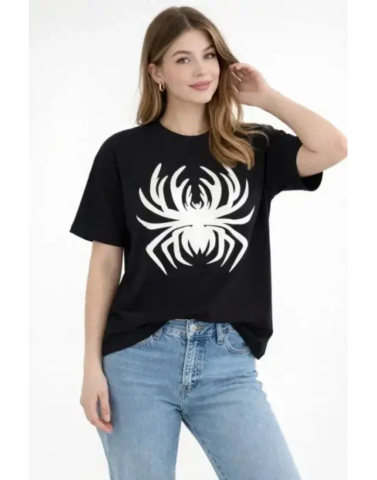 Örümcek Baskılı Tişört Kısa Kollu Bisiklet Yaka T-Shirt - Siyah