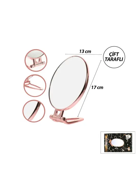Oval - Bakır 6.5 Inc=16.5x13cm Makyaj Aynası Çift Taraflı Katlanır Ayaklı