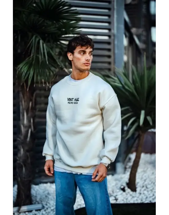 Oversize Bisiklet Yaka Üç İplik Baskılı SweatShirt - Beyaz