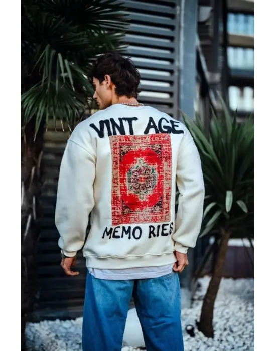 Oversize Bisiklet Yaka Üç İplik Baskılı SweatShirt - Beyaz